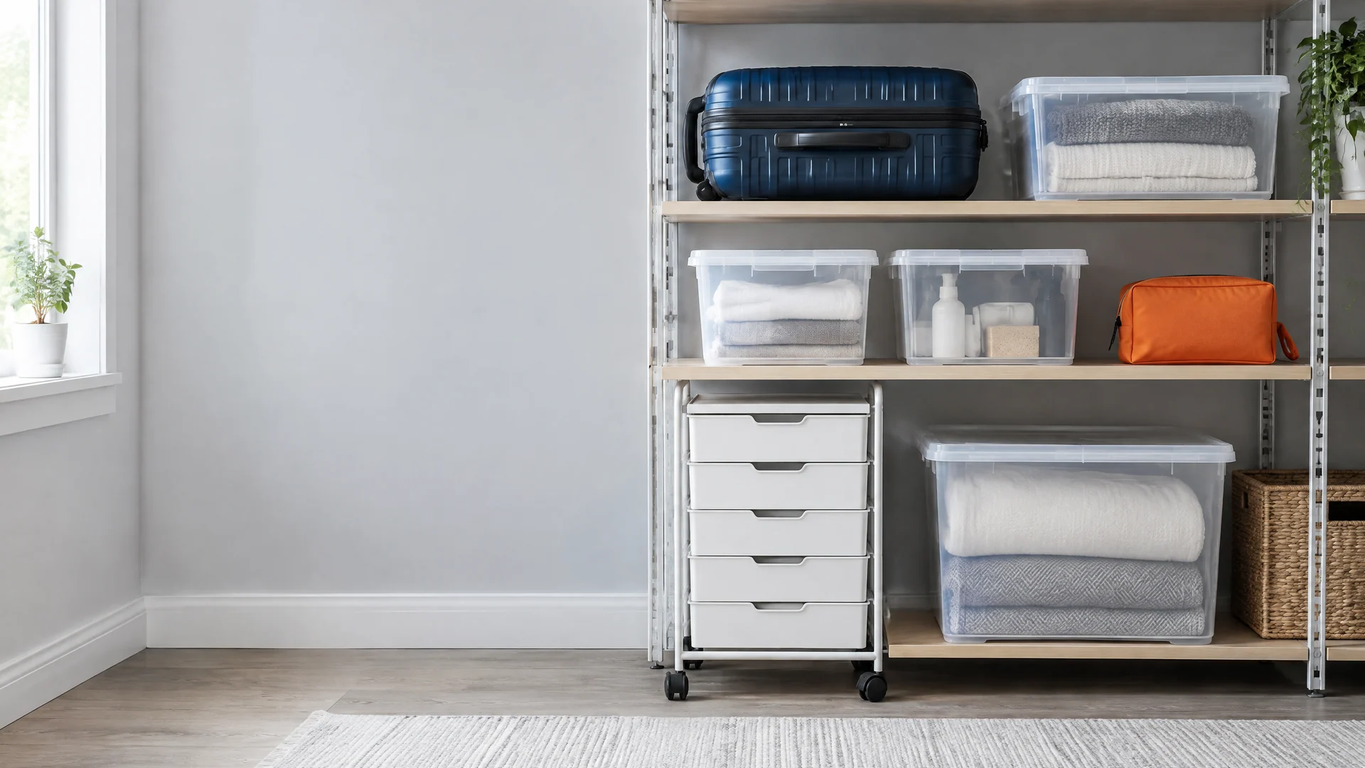 Tidy home shelves with clear bins, a drawer unit on casters and an orange zip pouch