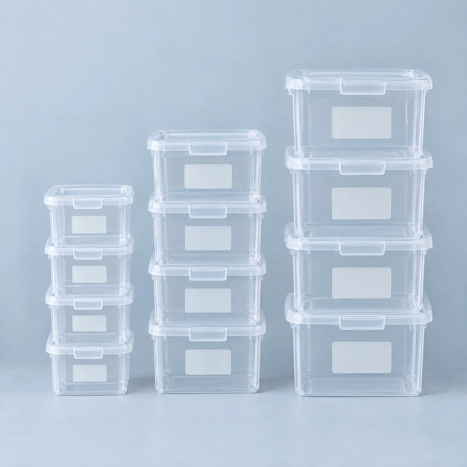 Twelve clear lidded storage bins in three stacks of four, one stack per size