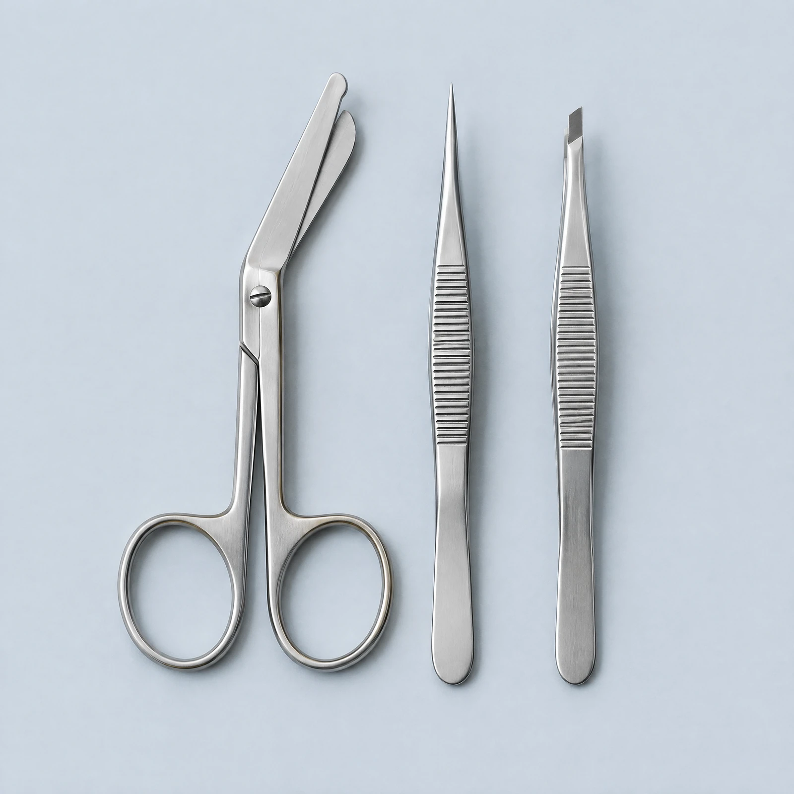 Angled bandage scissors with a pointed tweezer and a slant-tip tweezer laid out flat